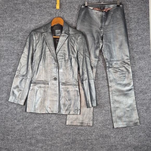 BCBGMaxAzria Pants - BCBG Max Azria Y2K Silver Metallic Lea Leather Pants Sz 0 Blazer Sz 4 Set